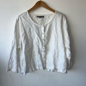 Flax Top Womens Blouse Large White Woven 100% Linen Lightweight Long Sleeve